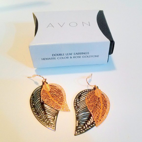 AVON Double Leaf Earrings Hematite & Rose Goldtone - Picture 2 of 2